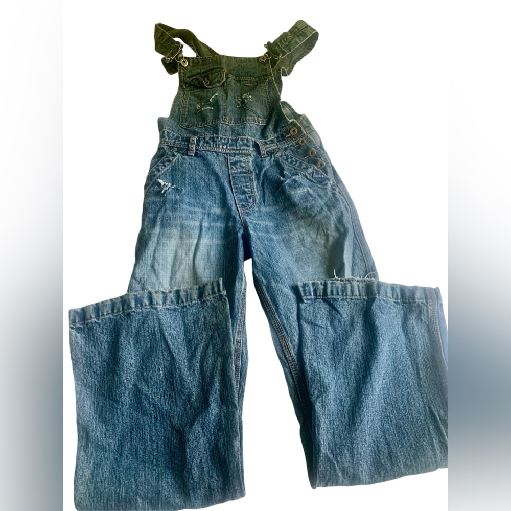 Vintage Y2K Silver Jeans Denim Flare Leg Distressed Bib Overalls Size 9/31
